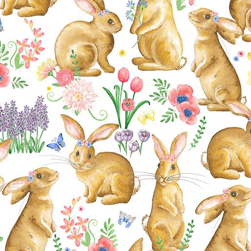 FQ Bunnies & Blossoms - Bunny Friends - white