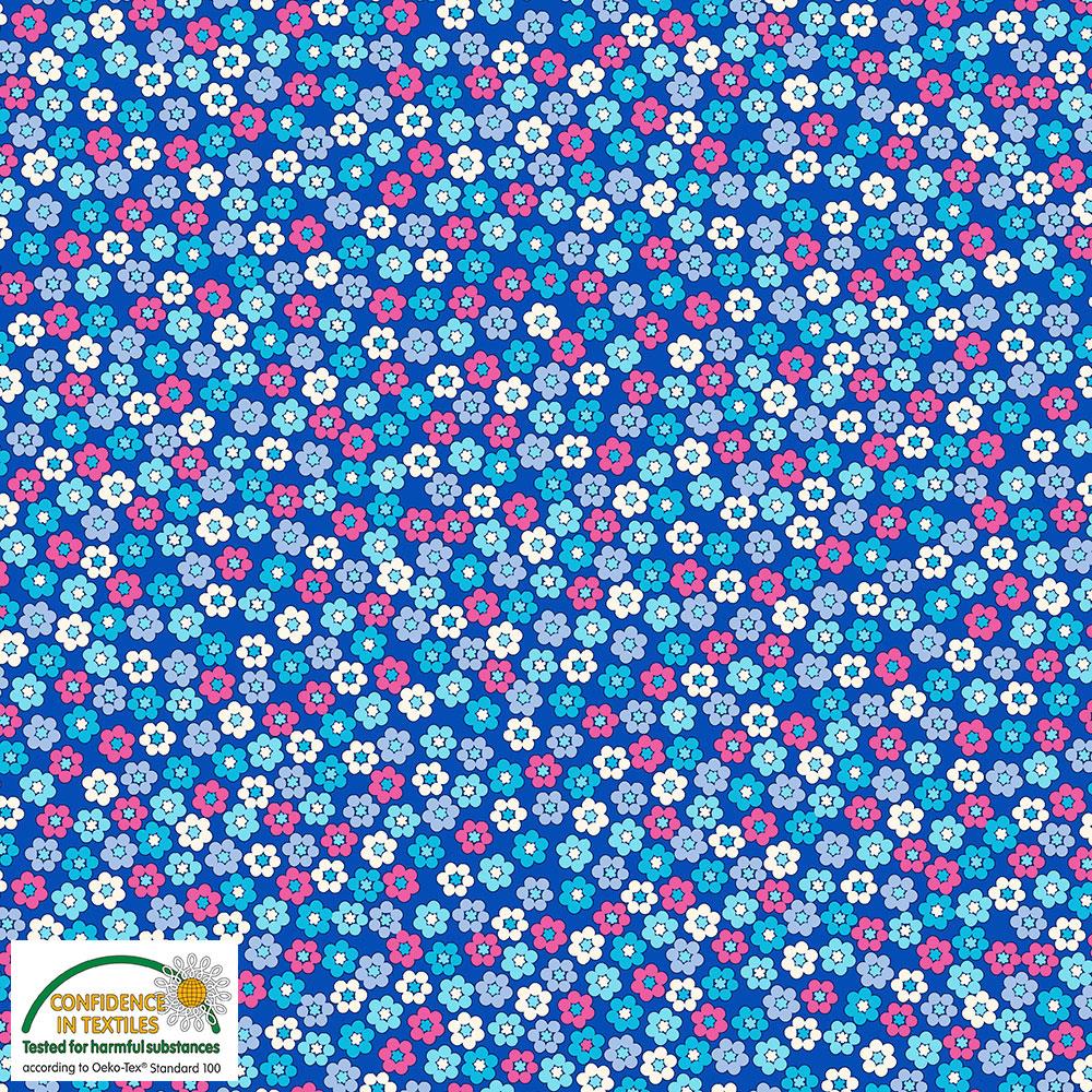 Quilters Combination kleine bunte Blüten auf Royalblau